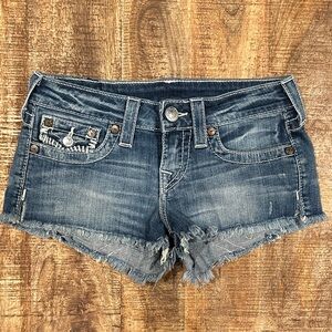 True Religion Women’s Low-Rise Blue Denim Shorts with Frayed Hem